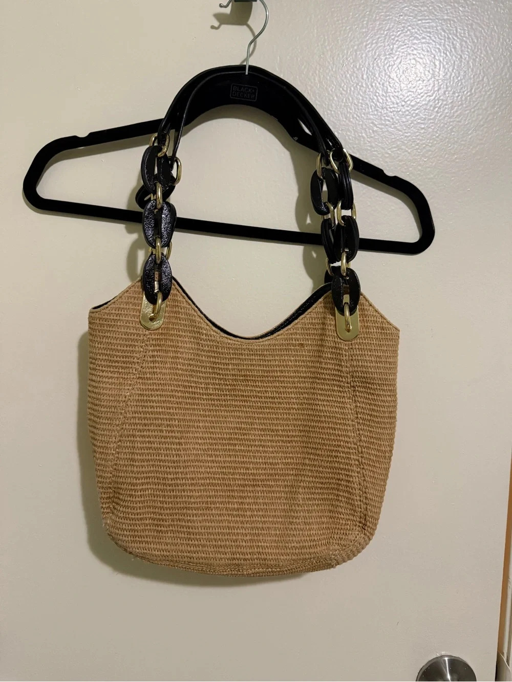 MICHAEL Michael Kors Tan Woven Shoulder Bag with Black Chain Handles